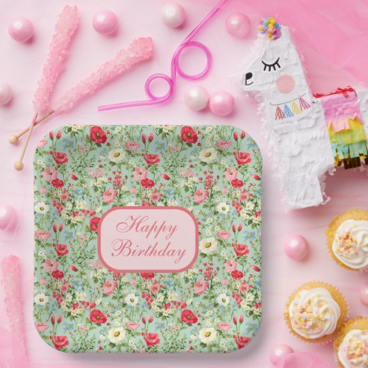 Engelse Land Wilde Bloemen Gelukkige Verjaardag Bo Papieren Bordje (Feest)