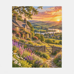Engelse landelijke cottage bij zonsondergang fleece deken