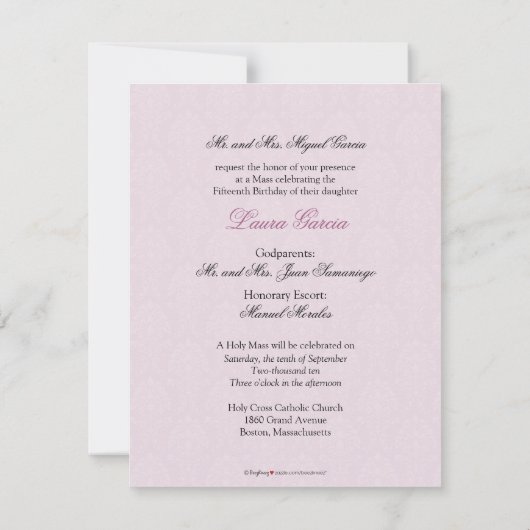 ENGELSE Lavender Damask Quinceanera Uitnodiging (Achterkant)