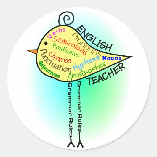 Engelse leraar "Grammar Bird" Gifts Ronde Sticker (Voorkant)