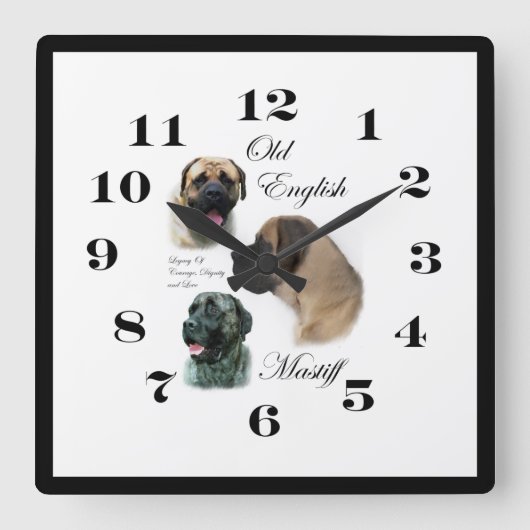 Engelse Mastiff Art Vierkante Klok (Voorkant)
