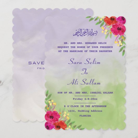 Engelse moslim Lavendel & groene Aquarel Bloemmoti Save The Date (Voorkant / Achterkant)