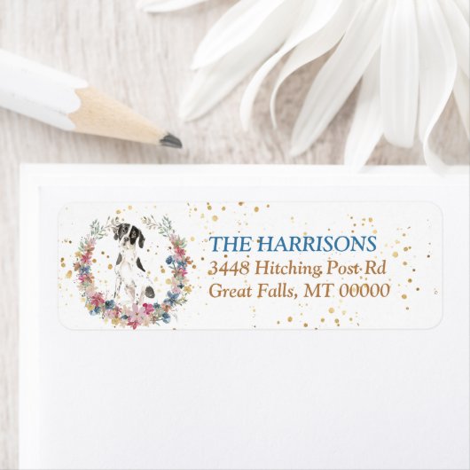 Engelse pointer Dog Spring Flowers Wreator Etiket (Insitu)