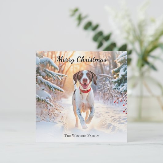 Engelse Pointer hond wandelen in sneeuw Kerstmis Feestdagenkaart (Staand voorkant)