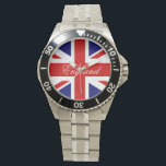 Engelse polshorloges met vlag van Union Jack Horloge<br><div class="desc">Engelse pols met vlag van Union Jack. Personaliseer je eigen Britse tekst of naam. Het goedkoopste cadeauidee voor de Britse nationale en koninklijke evenementen. Engelse vlagkleuren; rood wit en blauw.</div>