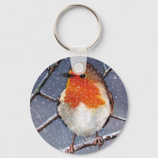 ENGELSE ROBIN IN SNEE: OIL PASTEL ART SLEUTELHANGER (Voorkant)