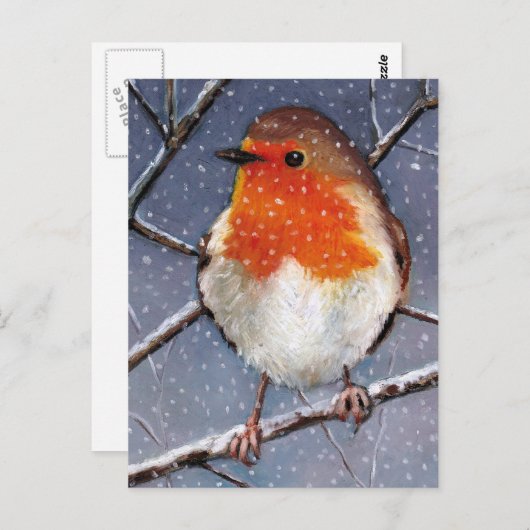 ENGELSE ROBIN IN SNEEUW: OLIEPASTEL ART BRIEFKAART (Voorkant / Achterkant)