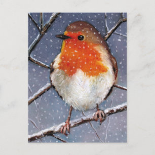 ENGELSE ROBIN IN SNEEUW: OLIEPASTEL ART BRIEFKAART