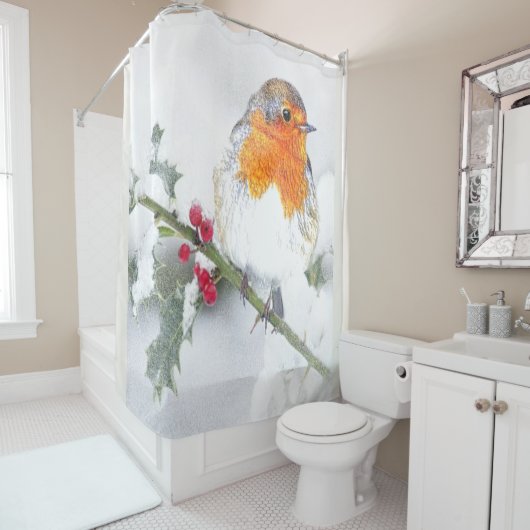 Engelse Robin Winter Holly Berries kerstkunst Douchegordijn (In situ)