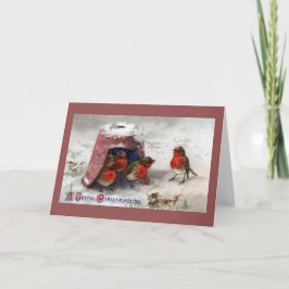 Engelse Robins onder Flowerpot Vintage Christmas Feestdagen Kaart