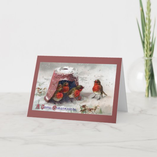 Engelse Robins onder Flowerpot Vintage Christmas Feestdagen Kaart (Voorkant)