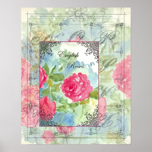Engelse Rozen Collage Waterverf Flowers Poster (Voorkant)