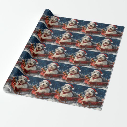 Engelse Schaapshond in slee Laat het sneeuwen Kers Cadeaupapier (Uitgerold)