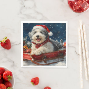 Engelse Schaapshond in slee Laat het sneeuwen Kers Servet