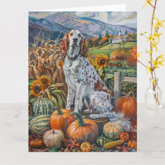 Engelse Setter Dog Autumn Harvest Thanksgiving Kaart (Gele Bloem)