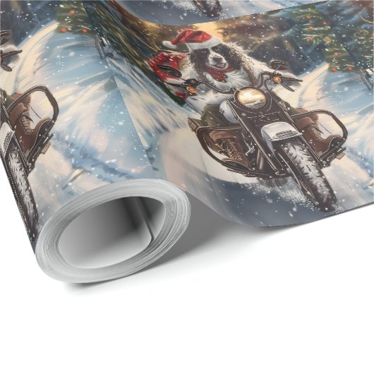 Engelse Setter Dog Riding Motorcycle Kerstmis Cadeaupapier (Rol Hoek)