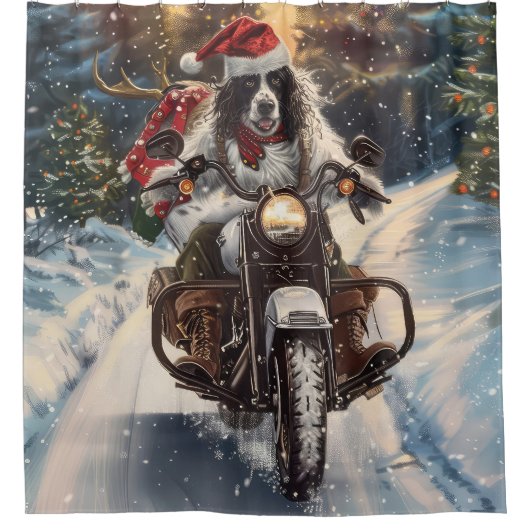 Engelse Setter Dog Riding Motorcycle Kerstmis Douchegordijn (Voorkant)