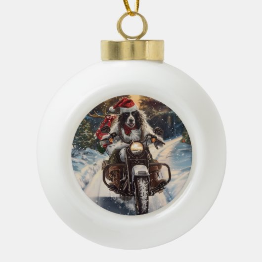 Engelse Setter Dog Riding Motorcycle Kerstmis Keramische Bal Ornament (Voorkant)