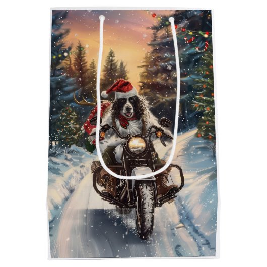 Engelse Setter Dog Riding Motorcycle Kerstmis Medium Cadeauzakje (Achterkant)