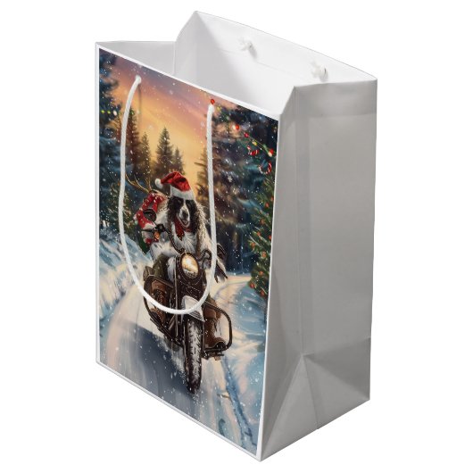Engelse Setter Dog Riding Motorcycle Kerstmis Medium Cadeauzakje (Achterkant Gekanteld)