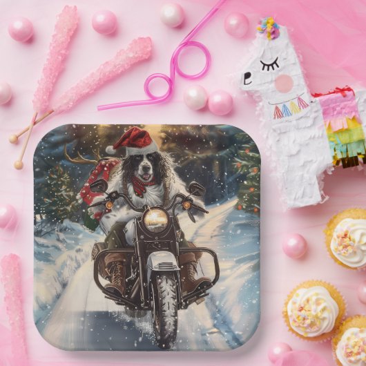 Engelse Setter Dog Riding Motorcycle Kerstmis Papieren Bordje (Feest)