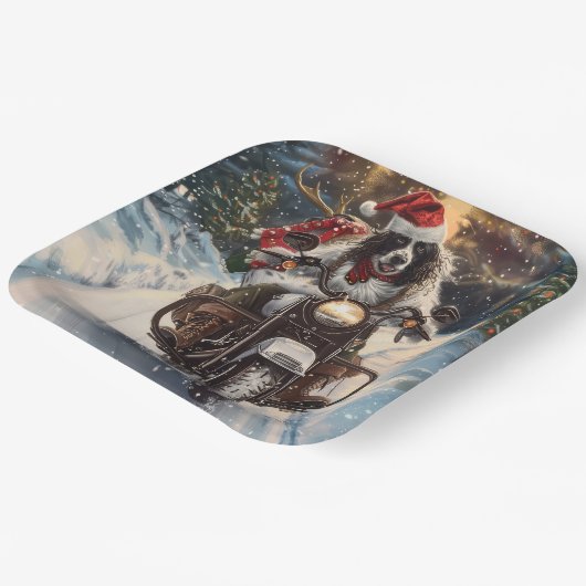 Engelse Setter Dog Riding Motorcycle Kerstmis Papieren Bordje (Gebogen)
