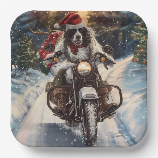 Engelse Setter Dog Riding Motorcycle Kerstmis Papieren Bordje (Voorkant)