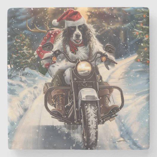 Engelse Setter Dog Riding Motorcycle Kerstmis Stenen Onderzetter (Voorkant)