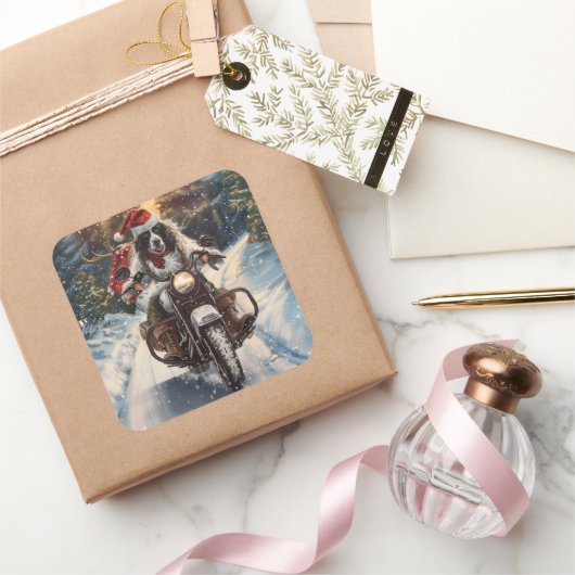 Engelse Setter Dog Riding Motorcycle Kerstmis Vierkante Sticker (Geschenken)