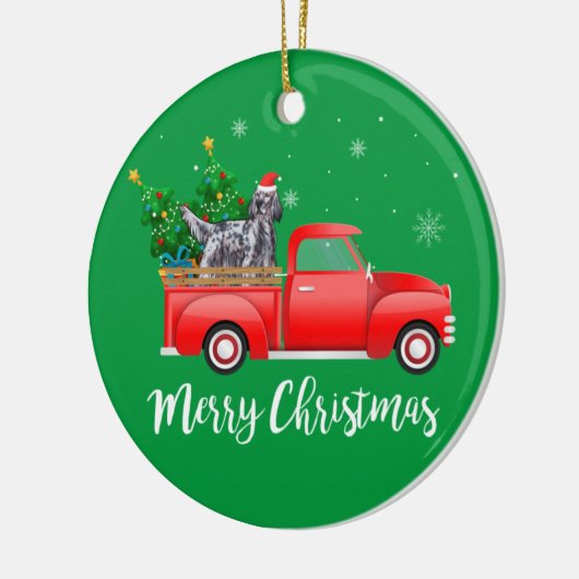 Engelse Setter Dog Riding Red Vrauck Kerstmis Keramisch Ornament (Links)