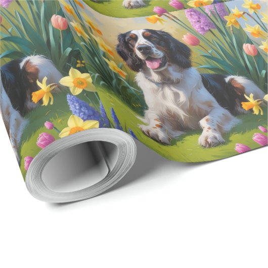 Engelse Setter Dog Spring Flowers Painting Cadeaupapier (Rol Hoek)