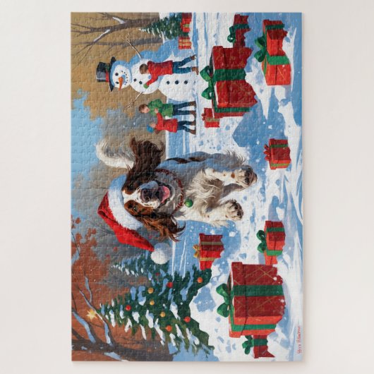 Engelse Setter Hardlopen in Sneeuw met Kerst Pet Legpuzzel (Verticaal)