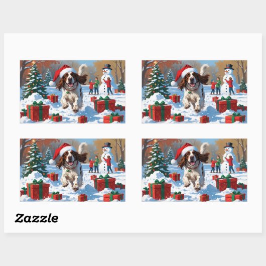 Engelse Setter Hardlopen in Sneeuw met Kerst Pet Rechthoekige Sticker (Vel)