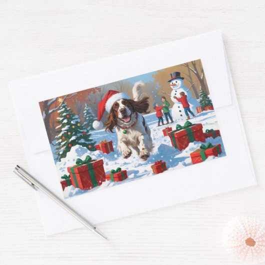 Engelse Setter Hardlopen in Sneeuw met Kerst Pet Rechthoekige Sticker (Envelop)