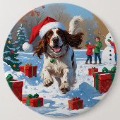 Engelse Setter Hardlopen in Sneeuw met Kerst Pet Ronde Button 6,0 Cm (Voorkant)
