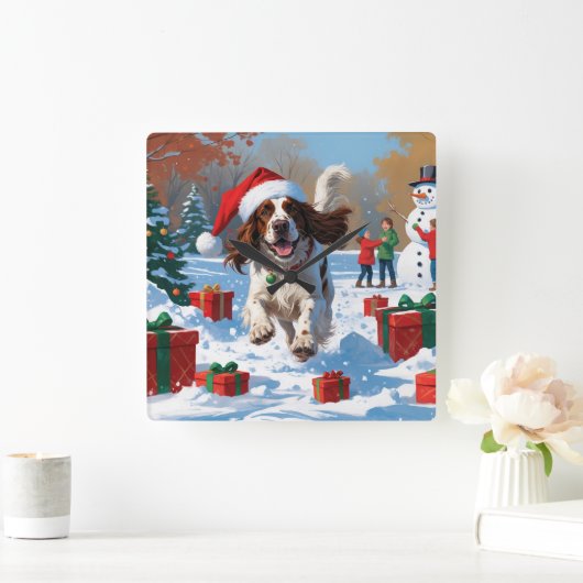 Engelse Setter Hardlopen in Sneeuw met Kerst Pet Vierkante Klok (Huis)