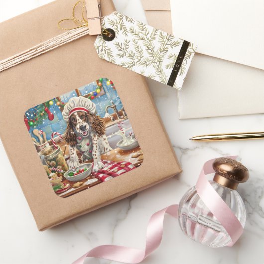 Engelse Setter Holiday Baking: Feestelijke Kerst Vierkante Sticker (Geschenken)