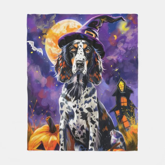 Engelse Setter hond Halloween heks en pompoen Fleece Deken (Voorkant)