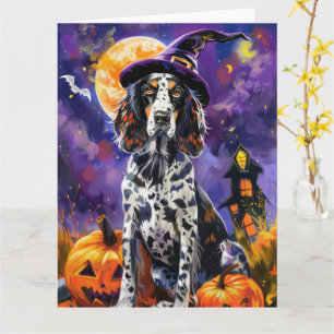 Engelse Setter hond Halloween heks en pompoen Kaart
