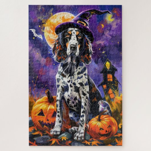 Engelse Setter hond Halloween heks en pompoen Legpuzzel (Verticaal)