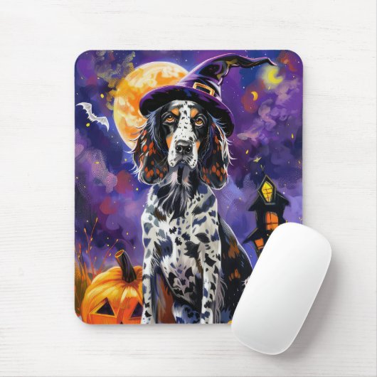 Engelse Setter hond Halloween heks en pompoen Muismat (Met muis)
