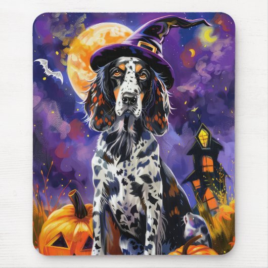 Engelse Setter hond Halloween heks en pompoen Muismat (Voorkant)