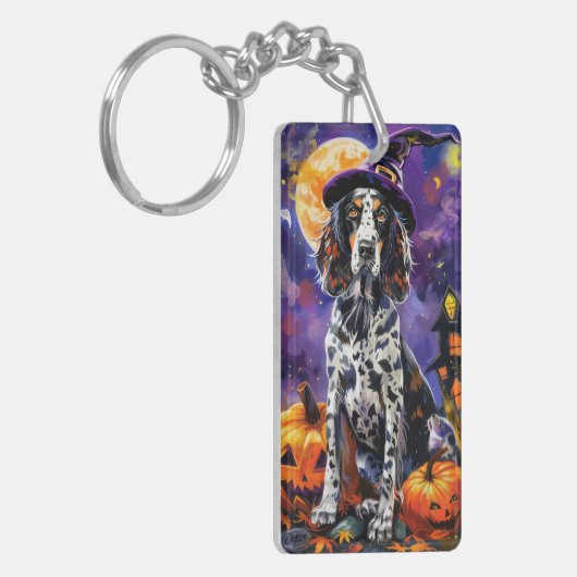 Engelse Setter hond Halloween heks en pompoen Sleutelhanger (Voorkant Links)