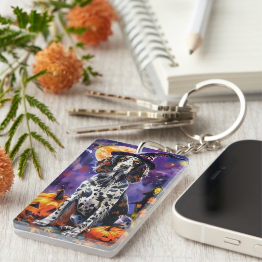 Engelse Setter hond Halloween heks en pompoen Sleutelhanger (Voorkant Rechts)