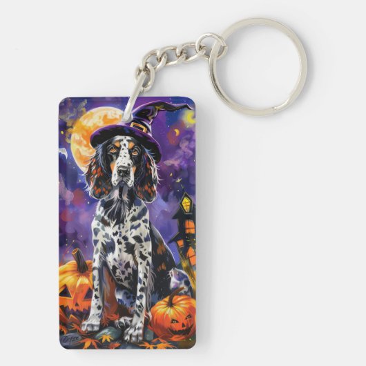 Engelse Setter hond Halloween heks en pompoen Sleutelhanger (achterkant)