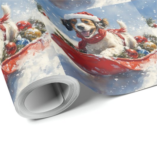 Engelse Setter Hond in Sledge Laat het Sneeuw Kers Cadeaupapier (Rol Hoek)