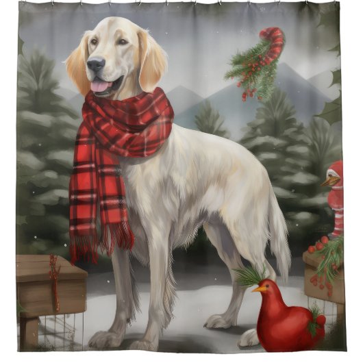 Engelse Setter Hond in Sneeuw Kerstmis Douchegordijn (Voorkant)
