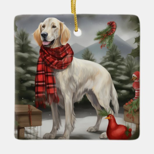 Engelse Setter Hond in Sneeuw Kerstmis Keramisch Ornament (Voorkant)