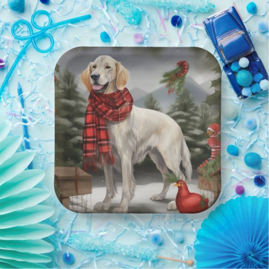 Engelse Setter Hond in Sneeuw Kerstmis Papieren Bordje (Feest)