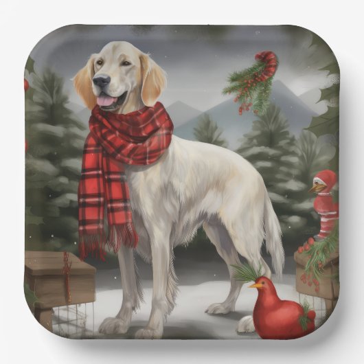 Engelse Setter Hond in Sneeuw Kerstmis Papieren Bordje (Voorkant)